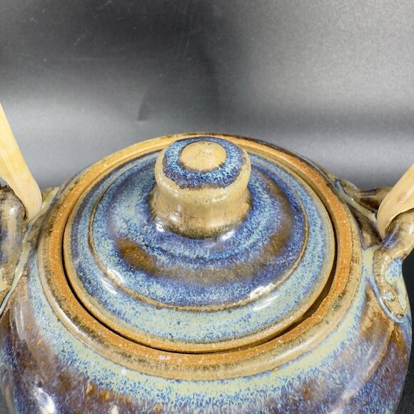 Vintage Pottery Stoneware Teapot Carafe With Wood Handle Drip Glaze Signed Mosia - Picture 4 of 16